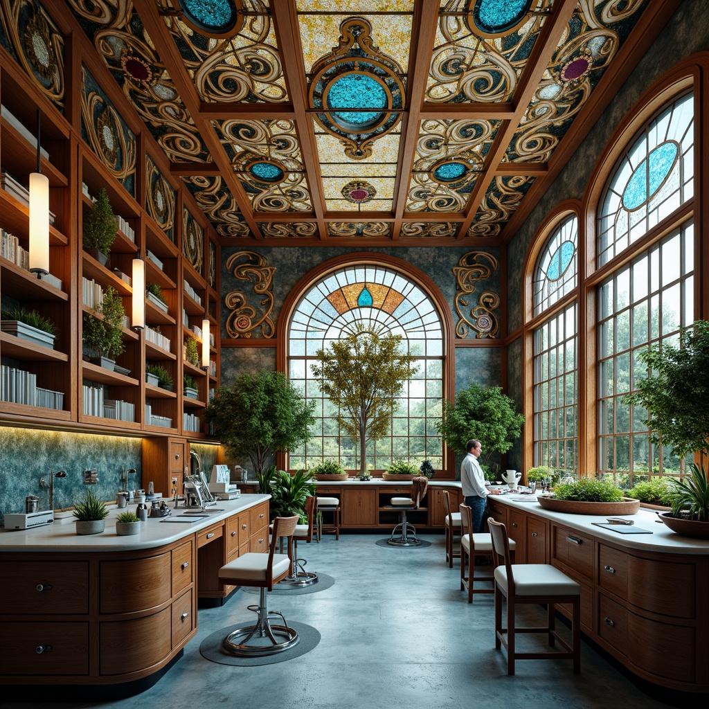 Prompt: Vibrant laboratory, ornate Art Nouveau details, intricate mosaic patterns, iridescent glass tiles, swirling organic forms, luxurious materials, metallic accents, elegant curves, sophisticated instruments, futuristic equipment, sleek workstations, polished wooden cabinets, soft warm lighting, shallow depth of field, 1/1 composition, realistic textures, ambient occlusion.