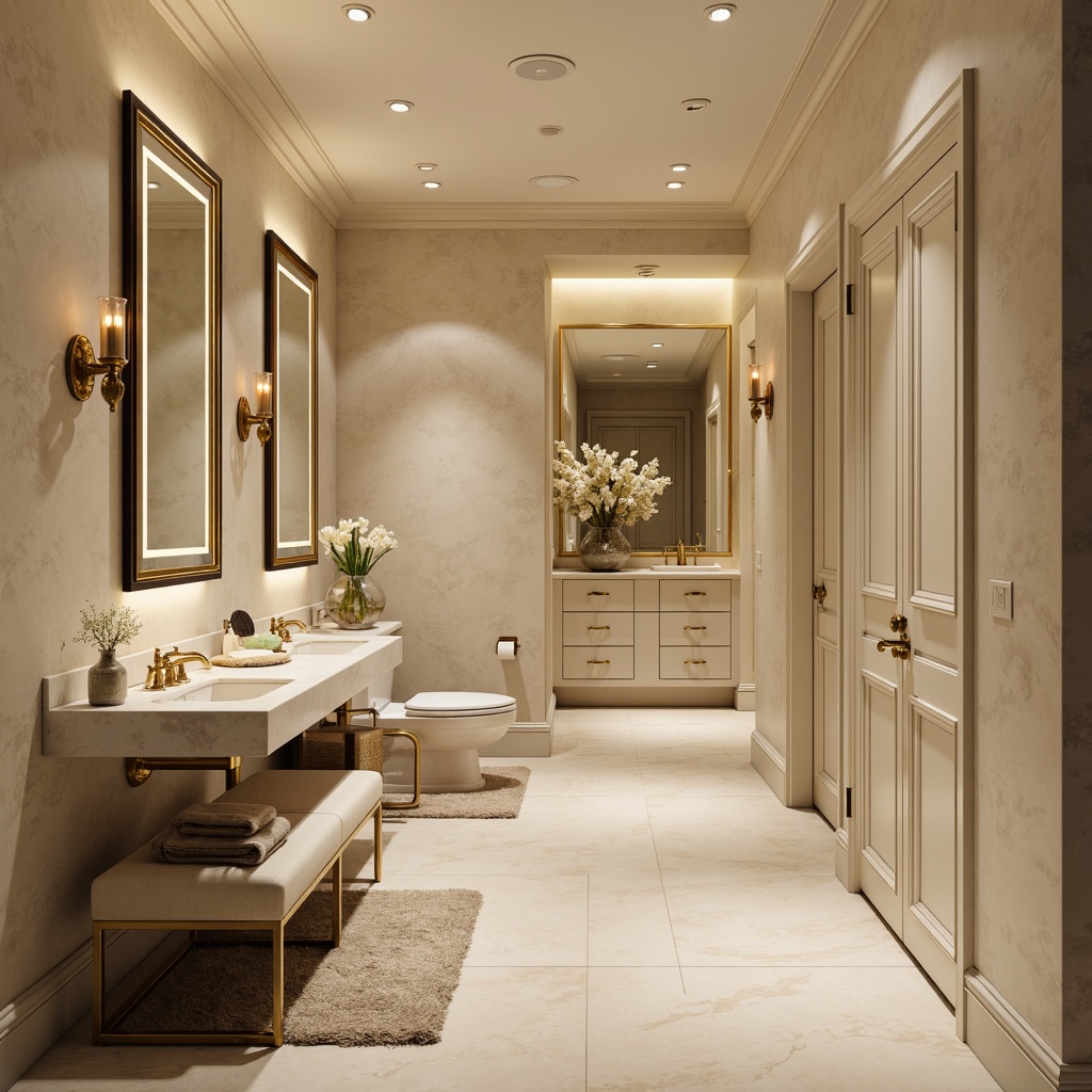 Prompt: Elegant powder room, luxurious marble countertops, ornate golden fixtures, soft warm lighting, plush area rugs, wall-mounted decorative mirrors, stylish wall sconces, delicate flower arrangements, subtle fragrance diffusers, modern minimalist decor, sleek chrome hardware, creamy white cabinets, exquisite ceramic tiles, natural stone flooring, ambient warm tones, shallow depth of field, 1/1 composition, panoramic view, realistic textures.