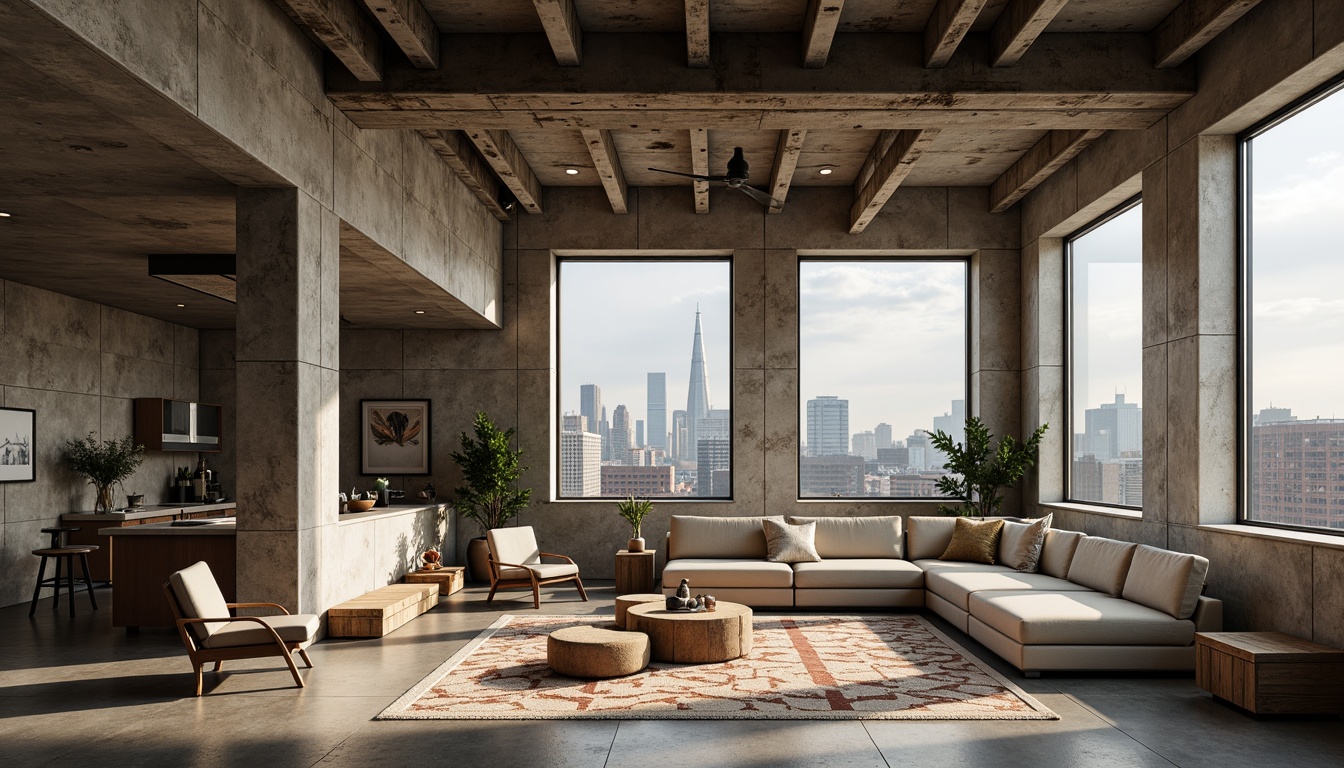 Prompt: Rugged brutalist architecture, raw concrete textures, exposed ductwork, industrial metal beams, reclaimed wood accents, earthy color palette, natural stone walls, geometric patterned rugs, minimalist decor, functional furniture, abundant natural light, dramatic shadows, high ceilings, urban cityscape views, overcast skies, cinematic lighting, 3/4 composition, realistic material rendering.