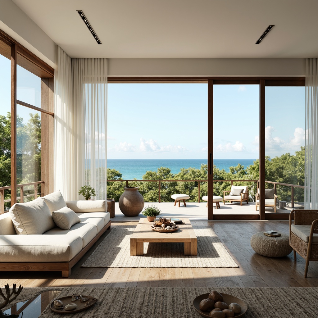 Prompt: Spacious coastal living room, large windows, sliding glass doors, ocean views, natural light, airy atmosphere, minimalist decor, driftwood accents, soft blue-green color palette, woven textiles, reclaimed wood flooring, organic shapes, beachy vibes, shells, pebbles, coral-inspired patterns, wicker furniture, linen upholstery, sheer white curtains, subtle nautical elements, soft focus, warm sunny lighting, shallow depth of field, 1/2 composition.