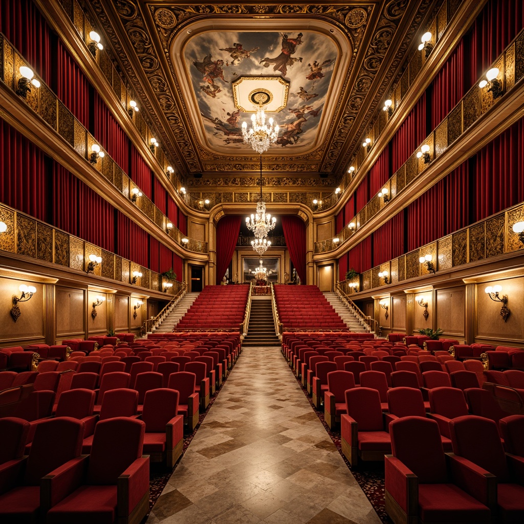 Prompt: Opulent opera house interior, grand staircase, ornate balustrades, rich velvet curtains, gilded moldings, intricate fresco ceilings, crystal chandeliers, luxurious marble floors, plush red seats, golden accents, dramatic spotlights, soft warm ambiance, shallow depth of field, 1/2 composition, symmetrical framing, high contrast ratio, realistic textures, ambient occlusion.