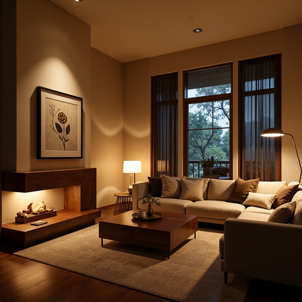 Prompt: Cozy living room, warm ambient lighting, floor lamps, table lamps, pendant lights, soft warm glow, rich wood accents, plush furnishings, natural textiles, earthy color palette, comfortable seating areas, intimate atmosphere, layered lighting design, task lighting, accent lighting, warm beige tones, cream-colored walls, dark wood furniture, minimalist decor, subtle patterned rugs.