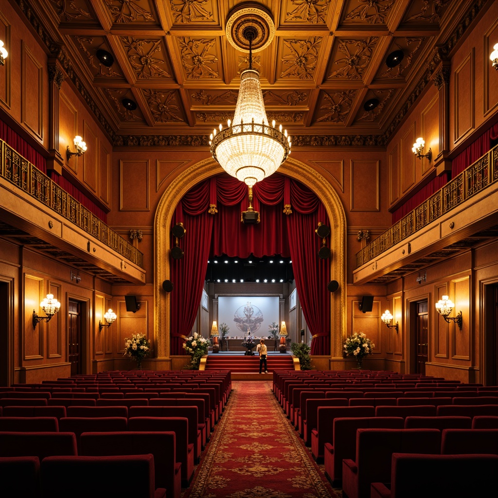 Prompt: Elegant traditional auditorium, ornate chandeliers, warm golden lighting, rich wood tones, plush red velvet seats, intricate carvings, grand stage, heavy drapery, soft box seating, dramatic spotlights, subtle floor lamps, decorative sconces, crystal chandelier drops, refined architectural details, high ceiling, majestic entrance, sweeping staircases, warm ambient glow, 1/2 composition, shallow depth of field, cinematic lighting.