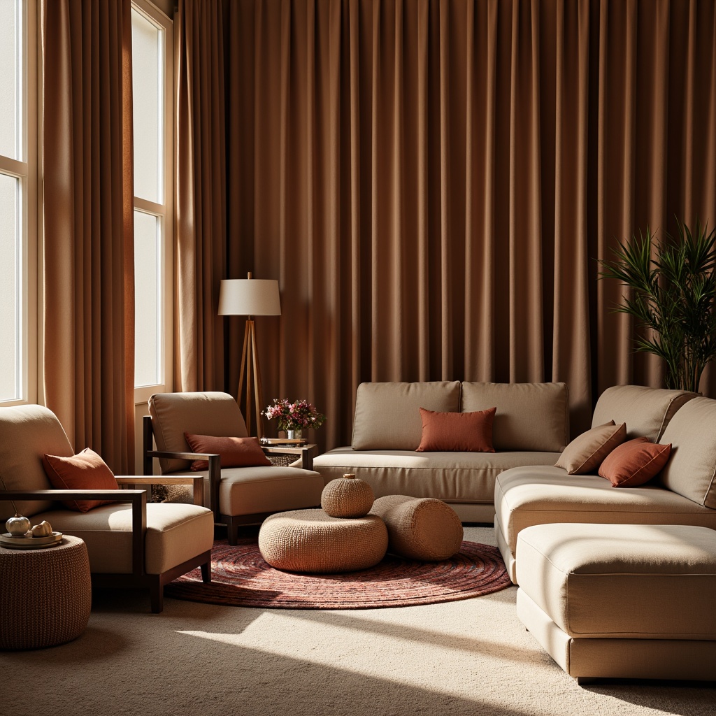 Prompt: Luxurious fabrics, soft velvety textures, warm earthy tones, subtle sheen, elegant draping, comfortable seating, refined upholstery, stylish accent pillows, plush carpets, sophisticated interior design, calm atmosphere, natural lighting, 1/2 composition, shallow depth of field, realistic fabric rendering.