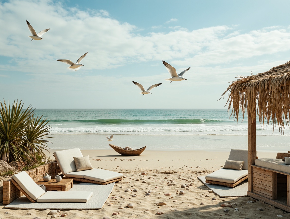 Prompt: Soaring seagulls, ocean breeze, sandy shores, weathered driftwood, rustic beach huts, nautical ropes, sea-worn stones, soft pastel hues, calming blue-green palette, creamy whites, warm beige tones, natural linen textures, woven rattan furniture, distressed wood accents, shells and pebbles, gentle wave patterns, subtle gradient effects, 1/2 composition, shallow depth of field, warm golden lighting, realistic ocean sounds.