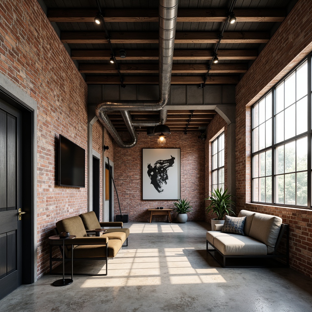 Prompt: Exposed brick walls, metal beams, reclaimed wood floors, industrial-style lighting fixtures, urban loft atmosphere, distressed concrete textures, functional pipes, minimalist decor, edgy modern furniture, matte black accents, neutral color palette, abstract industrial-inspired artwork, oversized windows, natural light pouring in, airy open space, 1/1 composition, softbox lighting, subtle shadows, realistic reflections.