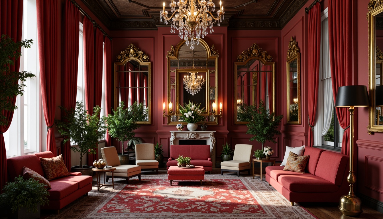 Prompt: Luxurious velvet drapes, golden metal frames, ornate mirrors, crystal chandeliers, lavish furnishings, plush area rugs, rich wood accents, elegant vases, exotic plants, intricate carvings, bold color schemes, statement walls, opulent textiles, refined architectural details, sophisticated lighting fixtures, warm ambient glow, shallow depth of field, 1/1 composition, soft focus effect.