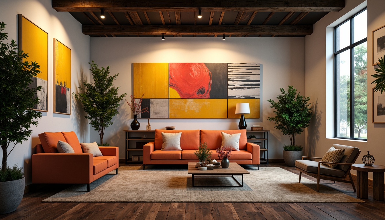 Prompt: Vibrant modern art studio, abstract expressionist paintings, bold brushstrokes, contrasting color blocks, geometric shapes, eclectic furniture, industrial metal accents, reclaimed wood floors, natural textiles, ambient warm lighting, shallow depth of field, 1/1 composition, realistic textures, subtle grain effect.