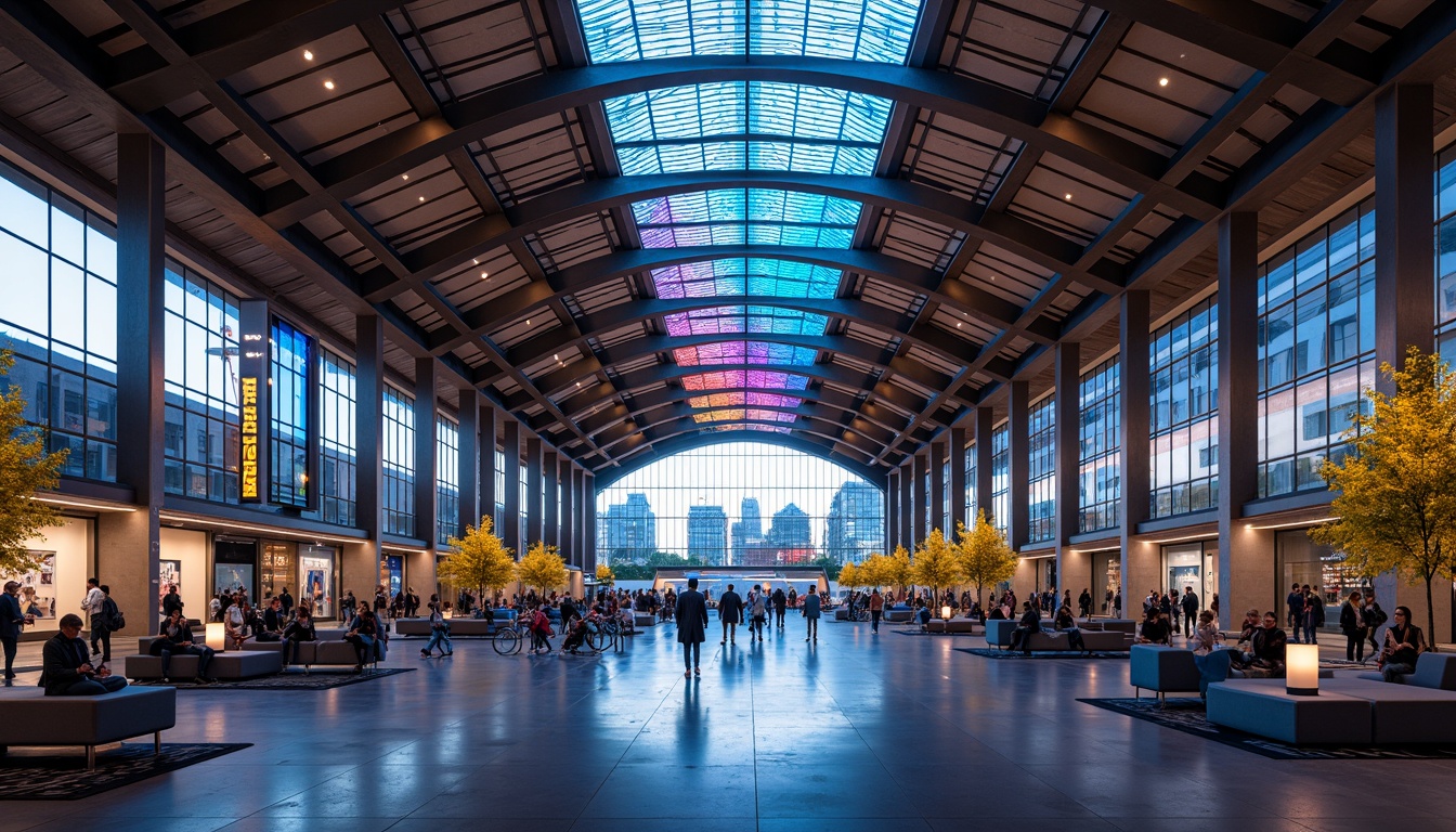 Prompt: Vibrant train station, modern architecture, sleek metal beams, grand archways, spacious waiting areas, comfortable seating, futuristic LED lighting, neon signage, dynamic color-changing effects, soft warm ambiance, high ceilings, large windows, urban cityscape views, rush hour activity, morning commute, natural daylight pouring in, 1/1 composition, shallow depth of field, realistic textures.