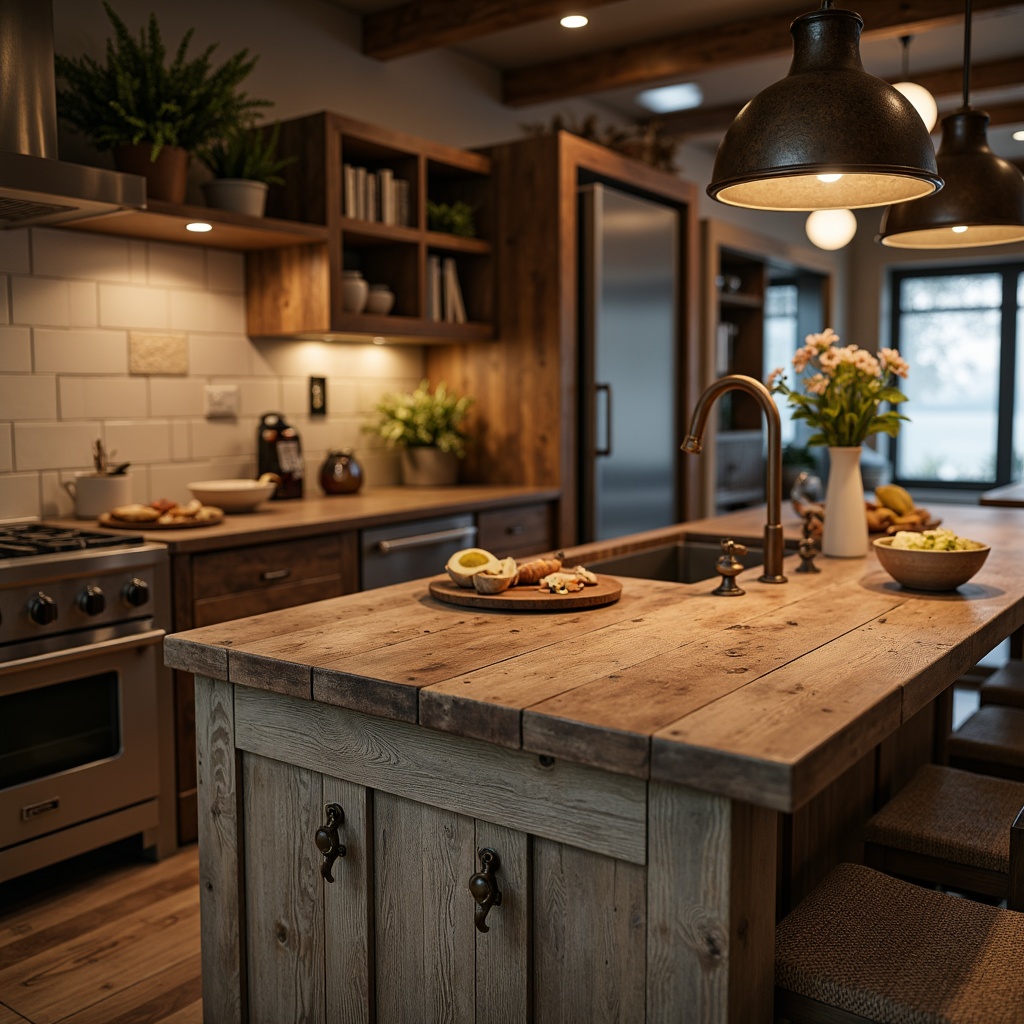 Prompt: \Rustic kitchen island, reclaimed wood countertops, bronze faucets, earthy color palette, natural stone backsplashes, wooden cabinetry, distressed finishes, vintage-inspired hardware, ornate metal door handles, copper accents, pendant lighting, warm ambient glow, soft focus, 1/2 composition, realistic textures, atmospheric rendering.\