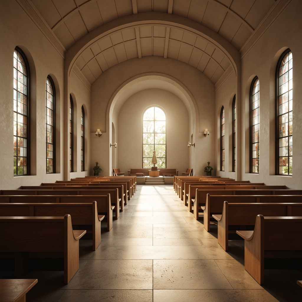 Prompt: \Sacred temple, minimalist decor, natural light pouring in, stained glass windows, subtle color palette, smooth stone floors, simple wooden pews, elegant arches, serene atmosphere, soft warm lighting, shallow depth of field, 1/1 composition, realistic textures, ambient occlusion, gentle shadows, peaceful ambiance, organic materials, earthy tones, subtle patterns, calming colors, spiritual vibes.\