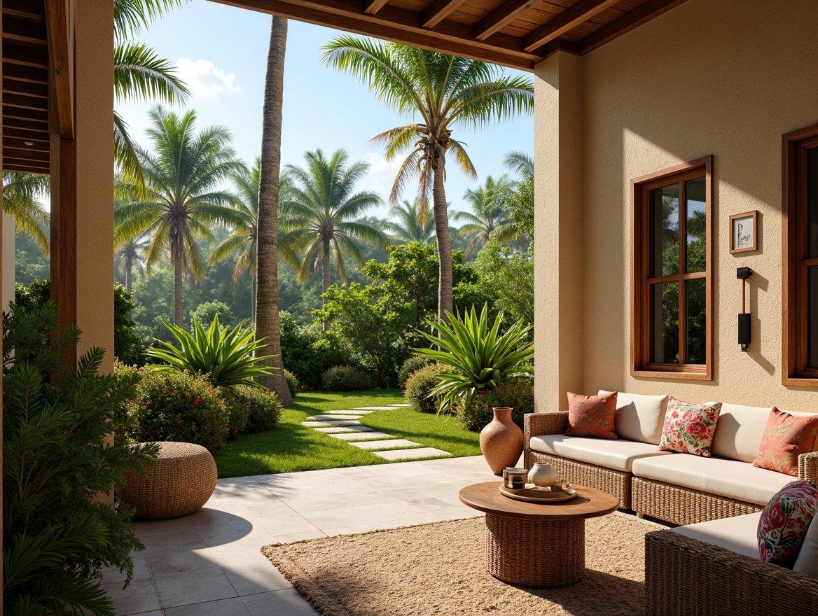 Prompt: Vibrant tropical landscape, lush green foliage, exotic palm trees, natural wood accents, woven rattan furniture, earthy terracotta pottery, warm beige stone walls, rustic wooden shutters, colorful floral patterns, eclectic global-inspired decor, soft diffused lighting, shallow depth of field, 1/1 composition, panoramic view, realistic textures, ambient occlusion.