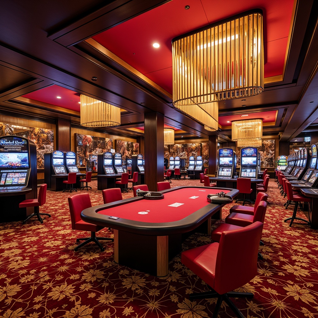 Prompt: Vibrant casino interior, rich jewel tones, bold red accents, luxurious gold fixtures, sleek modern chandeliers, lavish velvety textiles, intricate patterned carpets, ornate mirrors, dramatic high ceilings, ambient warm lighting, shallow depth of field, 1/1 composition, realistic reflections, detailed architectural details, sophisticated academic atmosphere, elegant wood paneling, comfortable plush seating, state-of-the-art gaming equipment, dynamic LED displays, energetic nightlife ambiance, soft focus background blur.