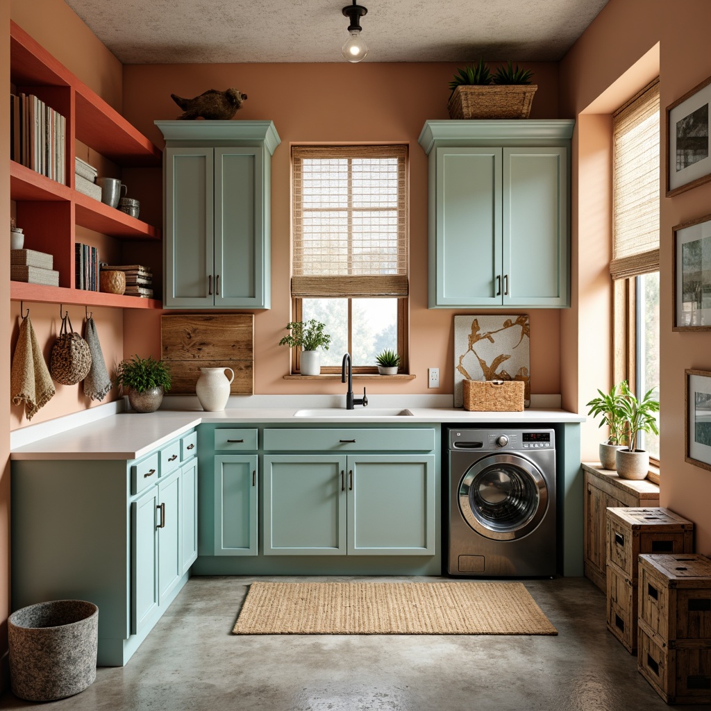 Prompt: Vibrant laundry room, warm beige walls, pastel blue cabinets, soft mint green countertops, crisp white shelves, bold red accents, rustic wooden crates, vintage metal baskets, natural woven textiles, distressed concrete floors, industrial pendant lights, soft focus, 1/2 composition, shallow depth of field, warm softbox lighting.