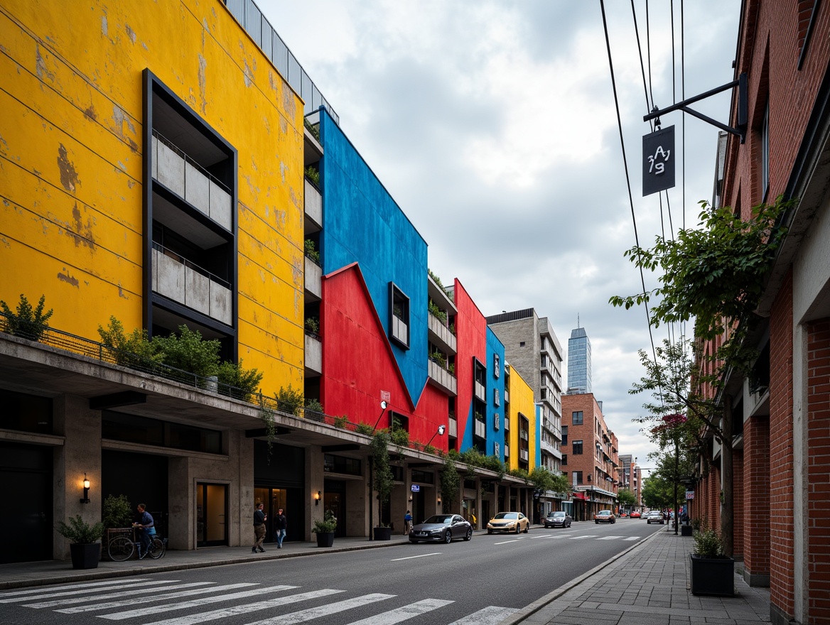 Prompt: Vibrant primary colors, bold geometric shapes, industrial materials, distressed textures, modernist architecture, urban cityscape, cloudy overcast sky, dramatic high-contrast lighting, shallow depth of field, 2/3 composition, symmetrical balance, minimalist decorative elements, functional typography, monochromatic color schemes, bold black outlines, bright red accents, deep blue undertones, abstract artistic expressions, avant-garde experimental spirit.