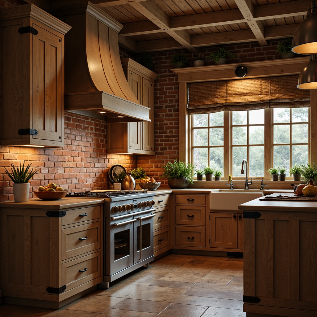 Prompt: Rustic kitchen, wooden cabinets, distressed finishes, vintage hardware, copper accents, earthy tones, natural materials, brick backsplashes, farmhouse sinks, apron-front cabinetry, decorative metal straps, ornate hinges, bronze door handles, pendant lighting, warm ambient glow, cozy atmosphere, traditional craftsmanship, nostalgic feel, worn edges, rough-hewn textures, nature-inspired patterns, organic forms, soft warm lighting, shallow depth of field, 1/2 composition.