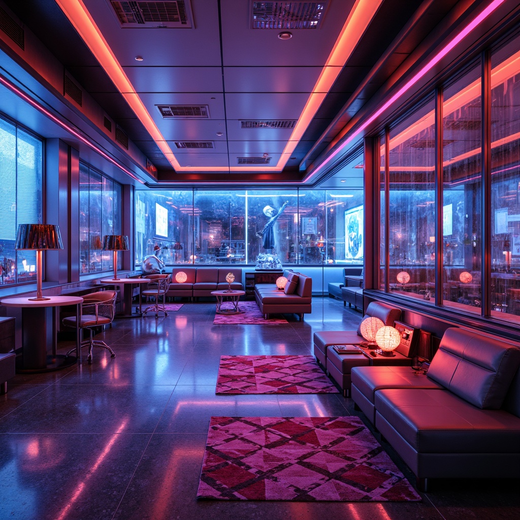 Prompt: Neon-lit futuristic interior, vibrant color accents, sleek metal walls, polished chrome floors, holographic displays, minimalist furniture, ambient LED lighting, soft glowing orbs, iridescent glass panels, geometric patterned rugs, plush velvet sofas, metallic silver chairs, avant-garde art pieces, high-tech gadgets, cyberpunk-inspired decor, 1/1 composition, shallow depth of field, warm atmospheric lighting, realistic reflections.