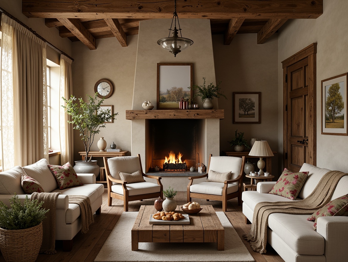 Prompt: Rustic farmhouse interior, vintage decor, natural materials, woven baskets, distressed wood accents, earthy color palette, linen upholstery, cotton lace curtains, burlap drapes, floral patterns, plaid textiles, velvet pillows, antique furniture pieces, wooden beams, stone fireplaces, soft warm lighting, cozy atmosphere, 3/4 composition, realistic textures.