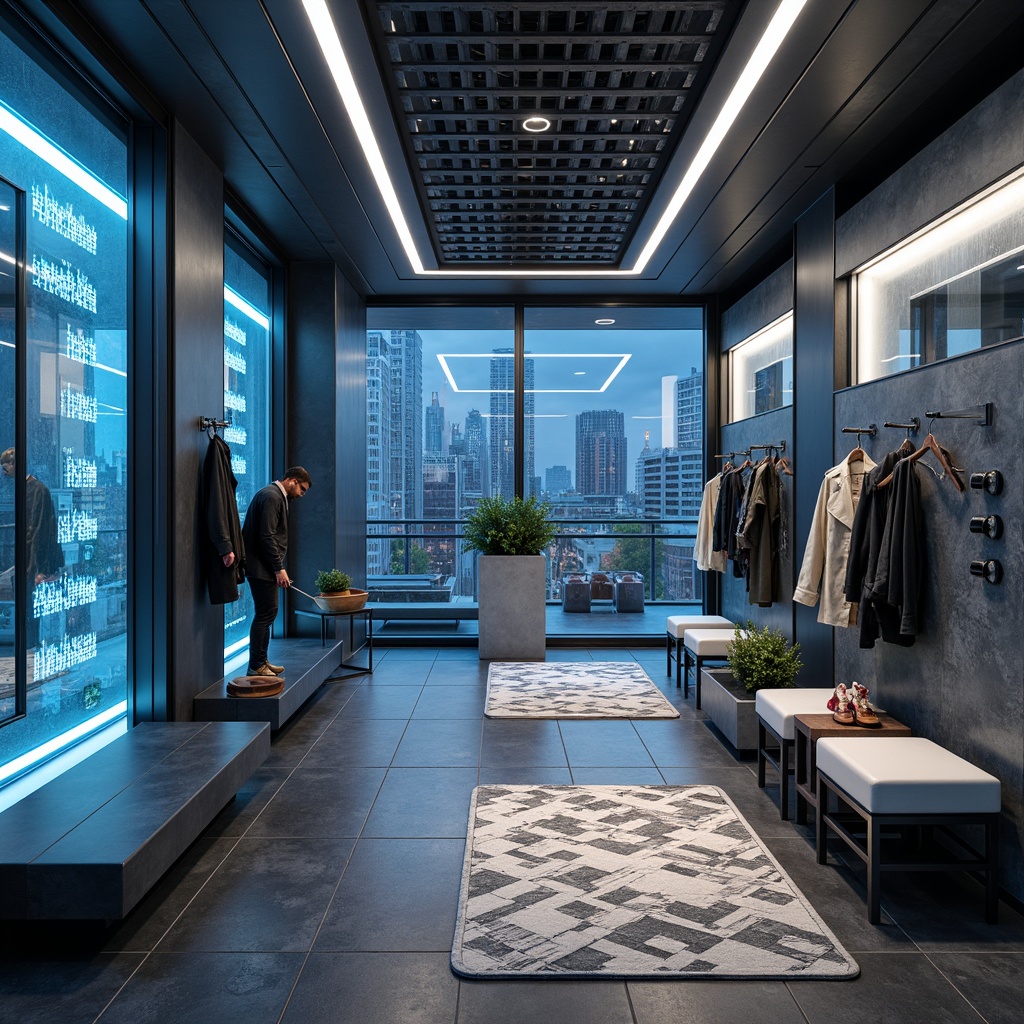 Prompt: Futuristic mudroom, metallic accents, sleek storage units, automated shoe racks, touchless coat hooks, LED-lit shelves, minimalist benches, recycled plastic flooring, angular metal walls, neon-lit mirrors, fog-free glass surfaces, water-repellent materials, advanced air purification systems, aromatherapy diffusers, ambient blue lighting, 3D-printed decorative panels, geometric patterned rugs, high-tech gadgets, motion-sensing lights, panoramic floor-to-ceiling windows, urban cityscape views.