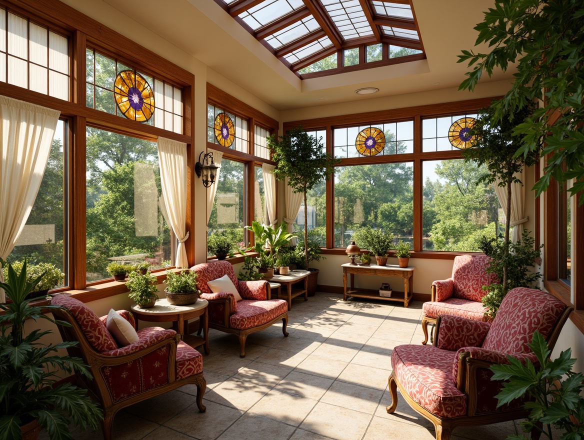 Prompt: Elegant sunroom, ornate wooden frames, stained glass windows, luscious greenery, vibrant floral patterns, plush velvet armchairs, intricately carved wooden furniture, warm beige walls, soft cream-colored curtains, natural stone flooring, decorative ceramic tiles, Victorian-era inspired architectural details, high ceilings, large skylights, abundance of natural light, warm sunny day, soft golden lighting, shallow depth of field, 1/1 composition, realistic textures, ambient occlusion.