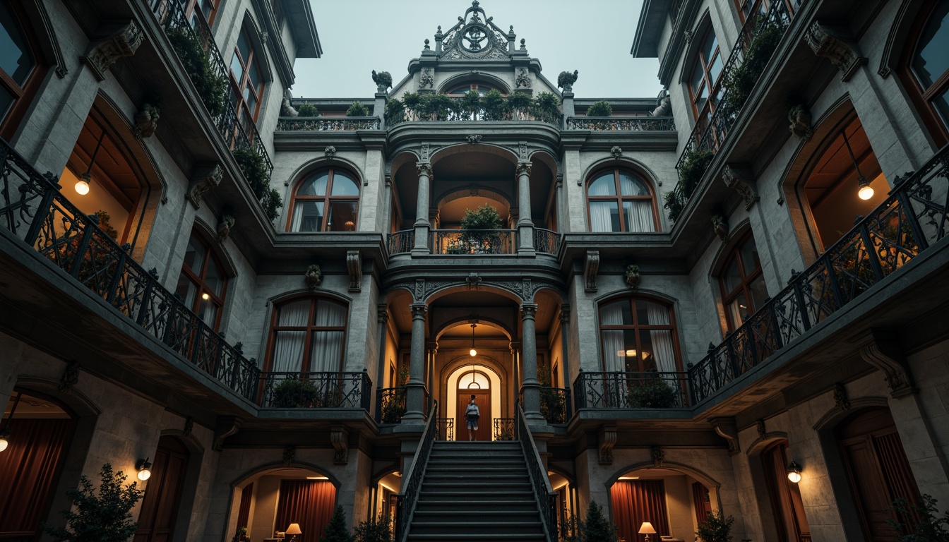 Prompt: Ornate Victorian mansion, intricately carved stonework, grandiose archways, Gothic spires, ornamental gargoyles, lavish balconies, heavy drapery, rich velvet fabrics, dark wood paneling, intricate moldings, sculptural facades, dramatic lighting, low-key ambiance, mysterious shadows, eerie mist, cinematic composition, atmospheric perspective, detailed textures, realistic materials.