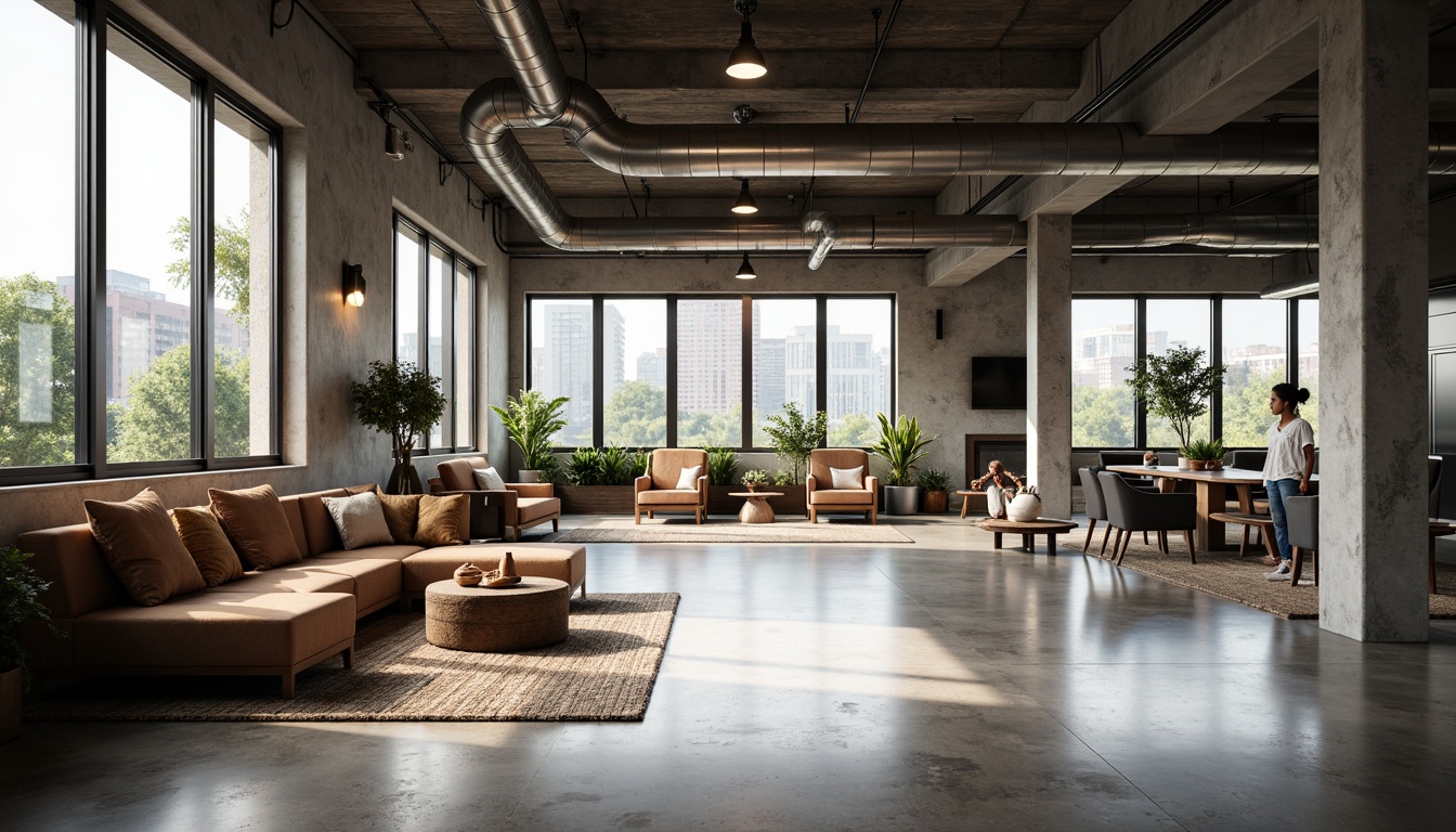 Prompt: Industrial chic interior, polished concrete floors, exposed ductwork, metal beams, minimalist decor, urban loft ambiance, natural light pouring in, large windows, sliding glass doors, rustic wood accents, modern furniture pieces, sleek lines, monochromatic color scheme, subtle texture variations, warm ambient lighting, shallow depth of field, 1/1 composition, realistic renderings.