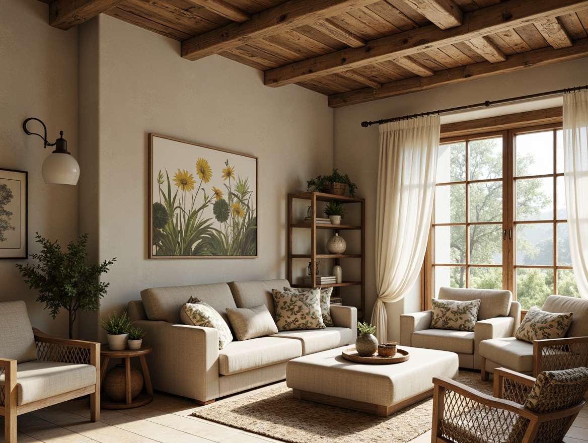 Prompt: Rustic farmhouse, earthy tones, weathered wood accents, natural stone walls, vintage metal fixtures, warm beige colors, soft sage greens, creamy whites, distressed finishes, antique furniture pieces, floral patterns, botanical prints, woven textiles, natural linen fabrics, soft warm lighting, cozy atmosphere, inviting spaces, organic shapes, free-flowing curves.