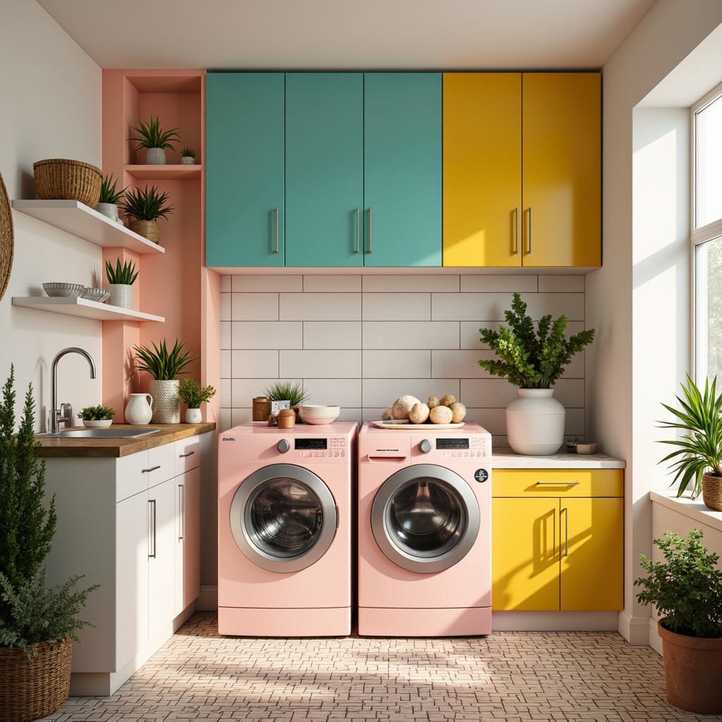 Prompt: Vibrant laundry room, bold color blocking, pastel pink washing machines, turquoise blue dryers, sunshine yellow cabinets, soft peach countertops, creamy white walls, modern minimalist decor, industrial metal accents, geometric patterned tiles, natural wood flooring, abundant plants, warm soft lighting, shallow depth of field, 1/1 composition, realistic textures, ambient occlusion.