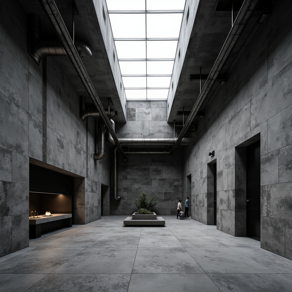 Prompt: Exposed concrete walls, industrial pipes, raw metal fixtures, brutalist architecture, monochromatic color scheme, dark grey tones, cold white accents, bold black outlines, natural stone flooring, rough-textured ceramics, matte finish, urban loft ambiance, minimalist decor, overhead skylight, dramatic shadows, high-contrast lighting, cinematic atmosphere, gritty urban feel.