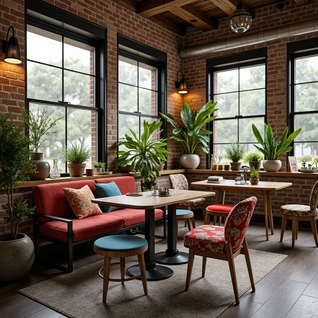 Prompt: Cozy breakfast nook, eclectic furniture arrangement, mismatched chairs, vibrant color palette, bold patterned upholstery, reclaimed wood accents, industrial metal frames, whimsical lighting fixtures, lush greenery, natural stone flooring, distressed brick walls, large windows, soft warm lighting, shallow depth of field, 3/4 composition, panoramic view, realistic textures, ambient occlusion.Please let me know if this meets your requirements!