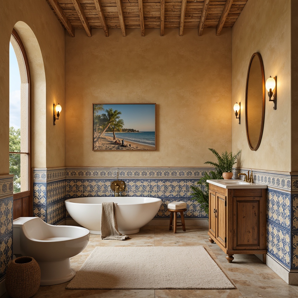 Prompt: Mediterranean style bathroom, warm beige walls, decorative ceramic tiles, ocean-inspired mosaics, blue and white geometric patterns, natural stone floors, rustic wooden cabinets, bronze fixtures, elegant archways, soft warm lighting, 3/4 composition, shallow depth of field, panoramic view, realistic textures, ambient occlusion.