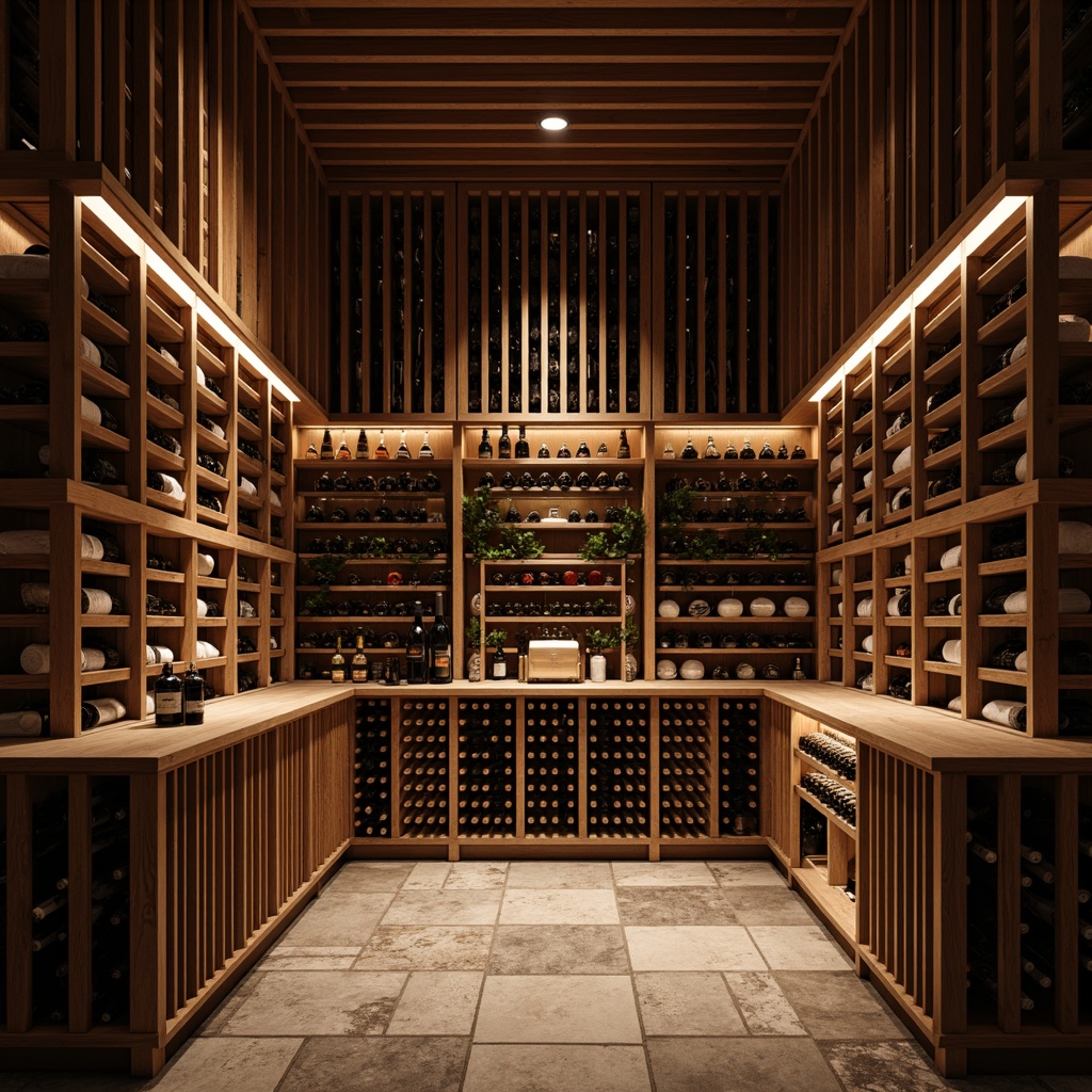 Prompt: Luxurious wine cellar, wooden racks, dimmable LED lighting, temperature control systems, humidistats, air purification units, insulated walls, double-glazed doors, climate-controlled environments, precise temperature monitoring, real-time data tracking, sleek modern design, premium materials, rustic stone floors, atmospheric ambiance, soft warm glow, shallow depth of field, 1/1 composition, realistic textures, ambient occlusion.