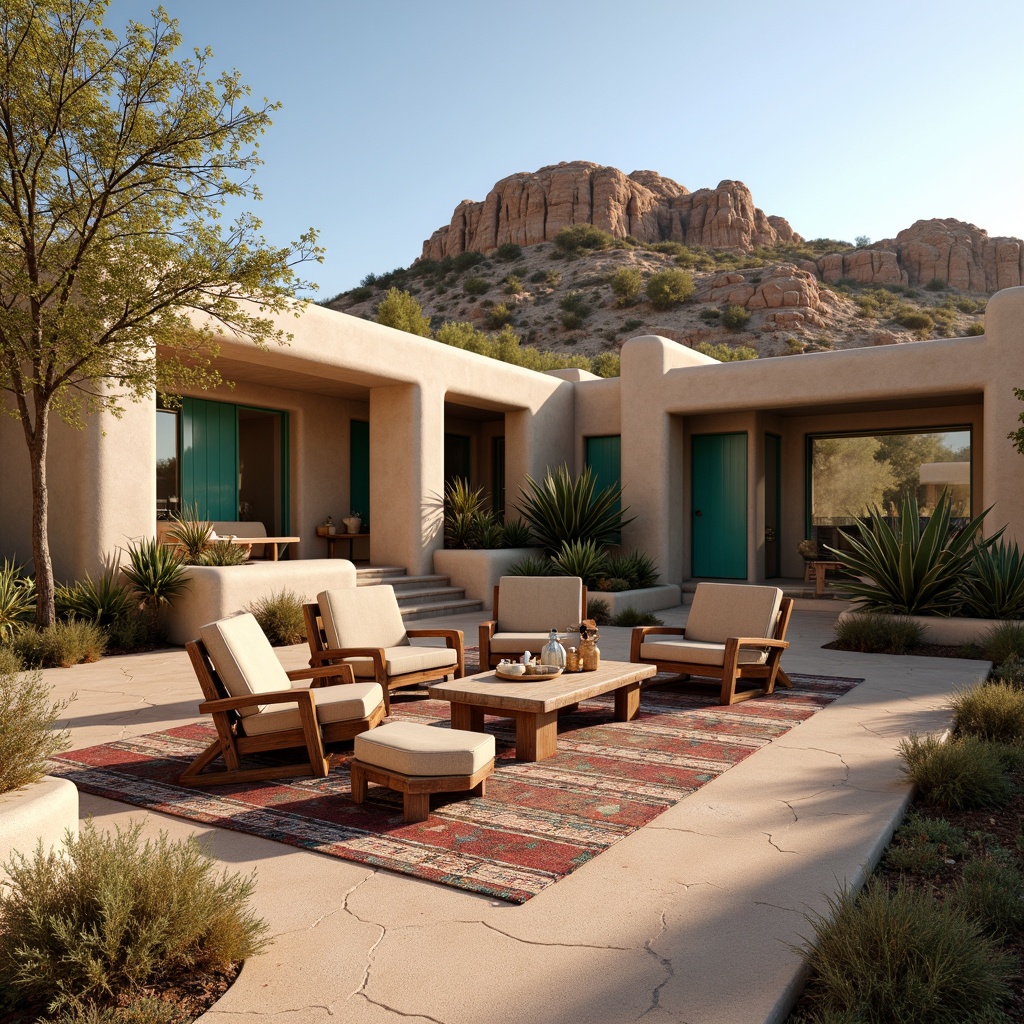 Prompt: Earthy adobe architecture, rustic wooden accents, natural stone walls, vibrant turquoise hues, sandy beige floors, woven wicker furniture, distressed leather upholstery, colorful Native American-inspired textiles, geometric patterned rugs, warm golden lighting, soft ambient shadows, 1/1 composition, realistic rock formations, cacti plants, arid desert landscape, clear blue skies.