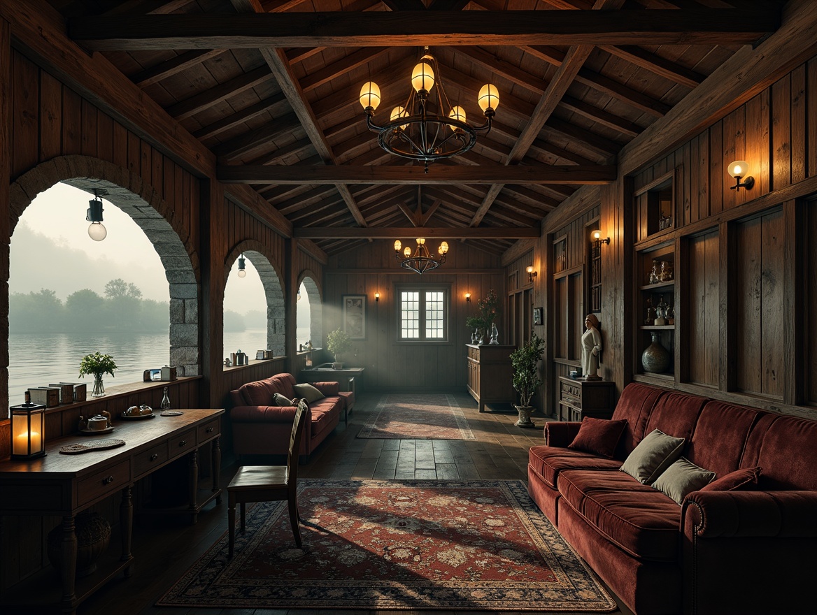 Prompt: Mysterious boathouse, Gothic arches, ornate wooden accents, vintage nautical elements, warm candlelight, soft golden glow, dramatic shadows, rich wood tones, luxurious velvet fabrics, mystical lanterns, eerie foggy atmosphere, misty waterfront, rustic stone walls, distressed wood textures, dimly lit corridors, grand chandeliers, intricate stonework, majestic vaulted ceilings, warm cozy nooks, softbox lighting, 1/2 composition, cinematic mood, atmospheric perspective.