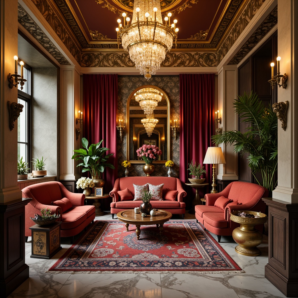 Prompt: Luxurious interior space, ornate chandeliers, plush velvet sofas, intricately carved wooden furniture, lavish marble floors, crystal glass vases, vibrant colorful rugs, eclectic decorative artifacts, statement lighting fixtures, ornamental mirrors, lavish drapery, soft warm ambiance, shallow depth of field, 1/1 composition, realistic textures, ambient occlusion.