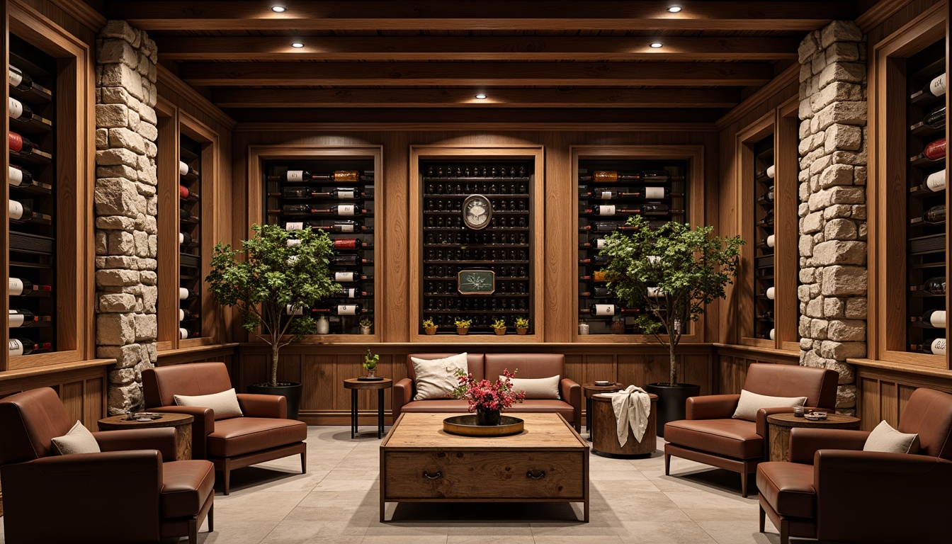 Prompt: Luxurious wine cellar, rich wood tones, dimmed lighting, rustic stone walls, temperature-controlled environment, elegant wooden racks, glass-enclosed wine displays, comfortable leather seating, reclaimed wood tables, metallic accents, soft warm ambiance, subtle spotlighting, 1/2 composition, realistic reflections, detailed textures.