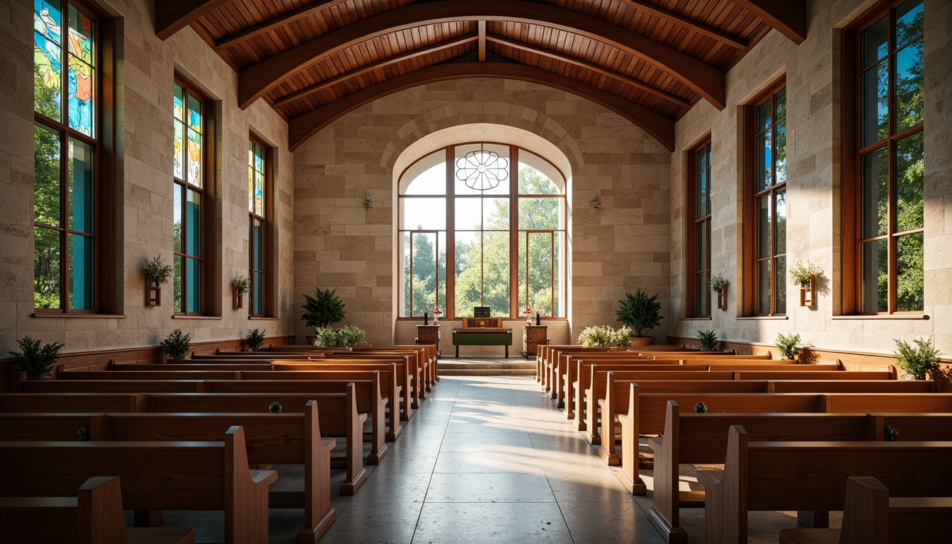 Prompt: Contemporary church interior, natural stone walls, wooden accents, stained glass windows, vaulted ceilings, sleek metal fixtures, minimalist decor, subtle lighting, ambient shadows, 3D textures, realistic reflections, soft warm glow, shallow depth of field, 2/3 composition, atmospheric perspective, nuanced color palette, organic patterns, abstract murals, spiritual ambiance.