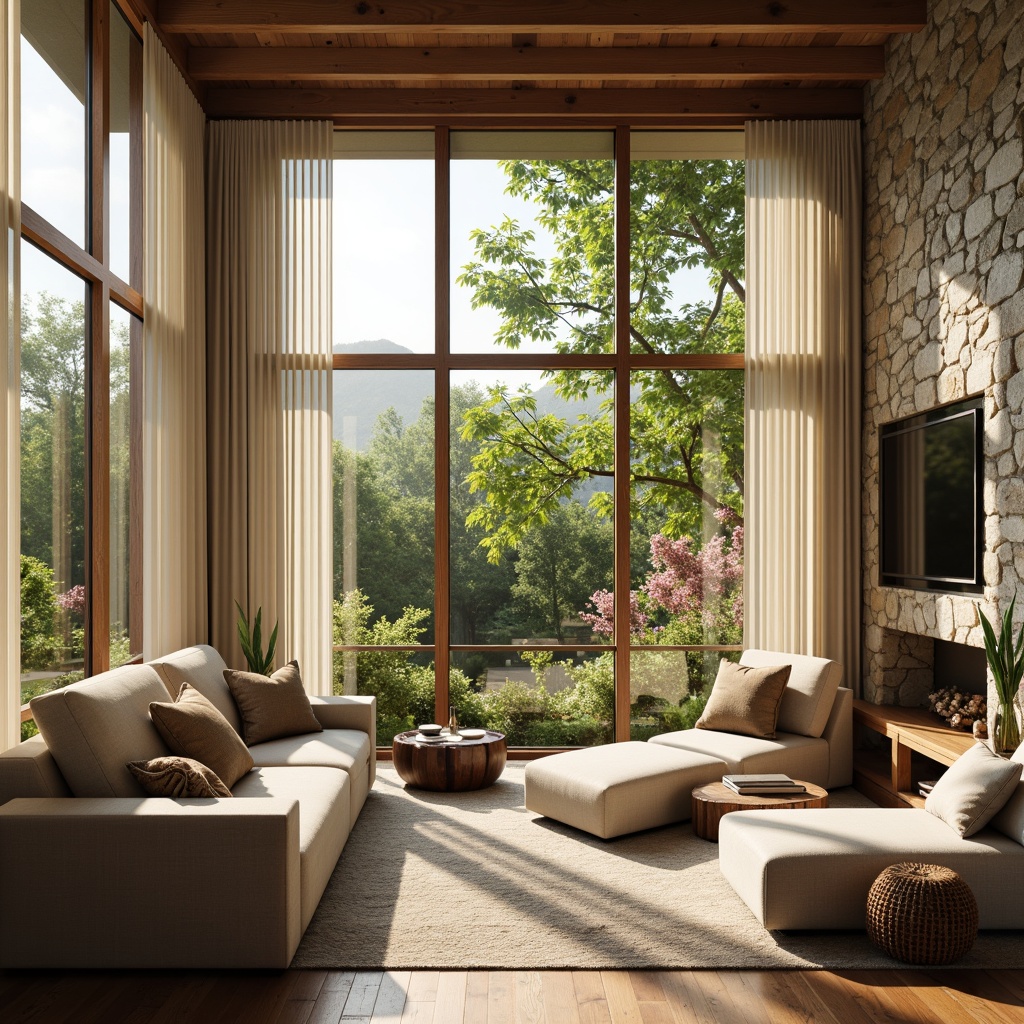 Prompt: Cozy living room, large windows, sheer curtains, soft warm lighting, natural stone walls, wooden floors, minimalist decor, comfortable sofas, greenery views, blooming flowers, sunny day, shallow depth of field, 1/1 composition, panoramic view, realistic textures, ambient occlusion.