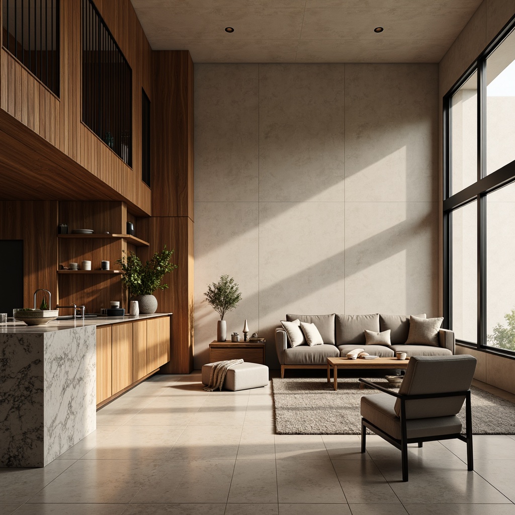 Prompt: Luxurious interior design, sleek modern furniture, rich wood textures, matte black metal frames, velvet soft upholstery, subtle sheen fabrics, polished chrome accents, smooth marble countertops, warm beige walls, minimalist decor, natural light pouring in, 1/1 composition, shallow depth of field, realistic render.