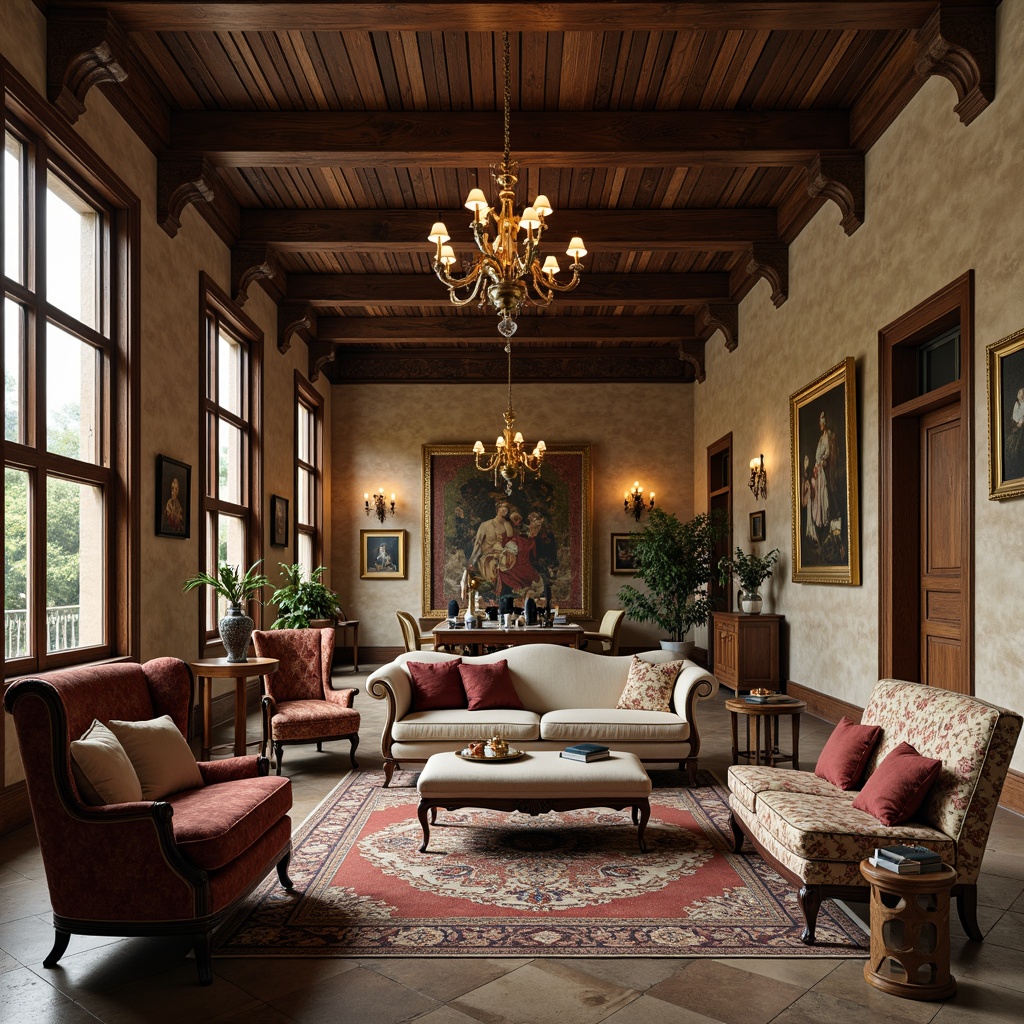 Prompt: Elegant museum interior, French country style furniture, distressed wood accents, velvet upholstery, ornate gilded frames, antique artifacts, soft warm lighting, natural stone flooring, rustic wooden beams, vintage tapestries, lavish chandeliers, refined ornamentation, subtle color palette, 1/2 composition, shallow depth of field, realistic textures, ambient occlusion.