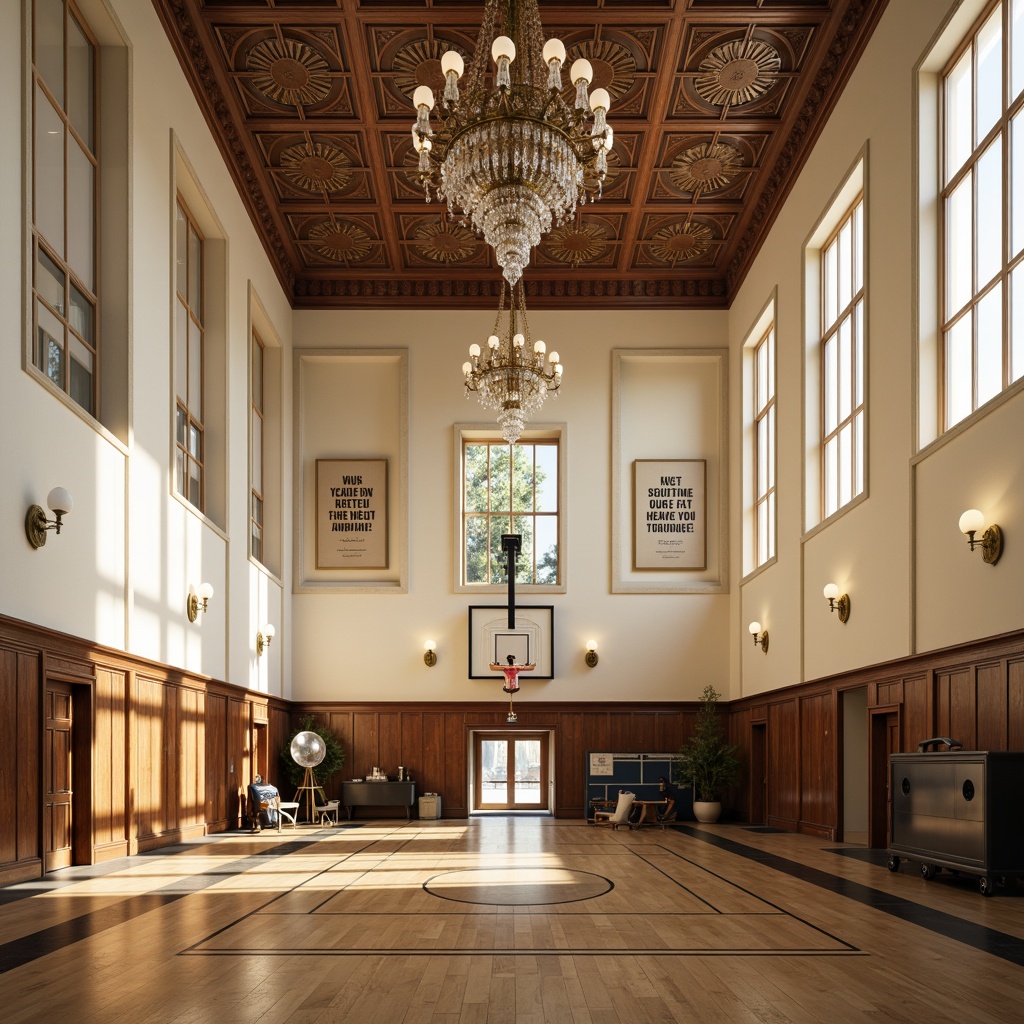 Prompt: Elegant gymnasium interior, high ceilings, ornate moldings, grand chandeliers, crystal droplets, polished bronze fixtures, decorative sconces, frosted glass shades, creamy white walls, dark wood accents, intricate floor patterns, athletic equipment, motivational quotes, natural light pouring in, soft warm glow, subtle shadows, 1/2 composition, symmetrical framing, realistic reflections.