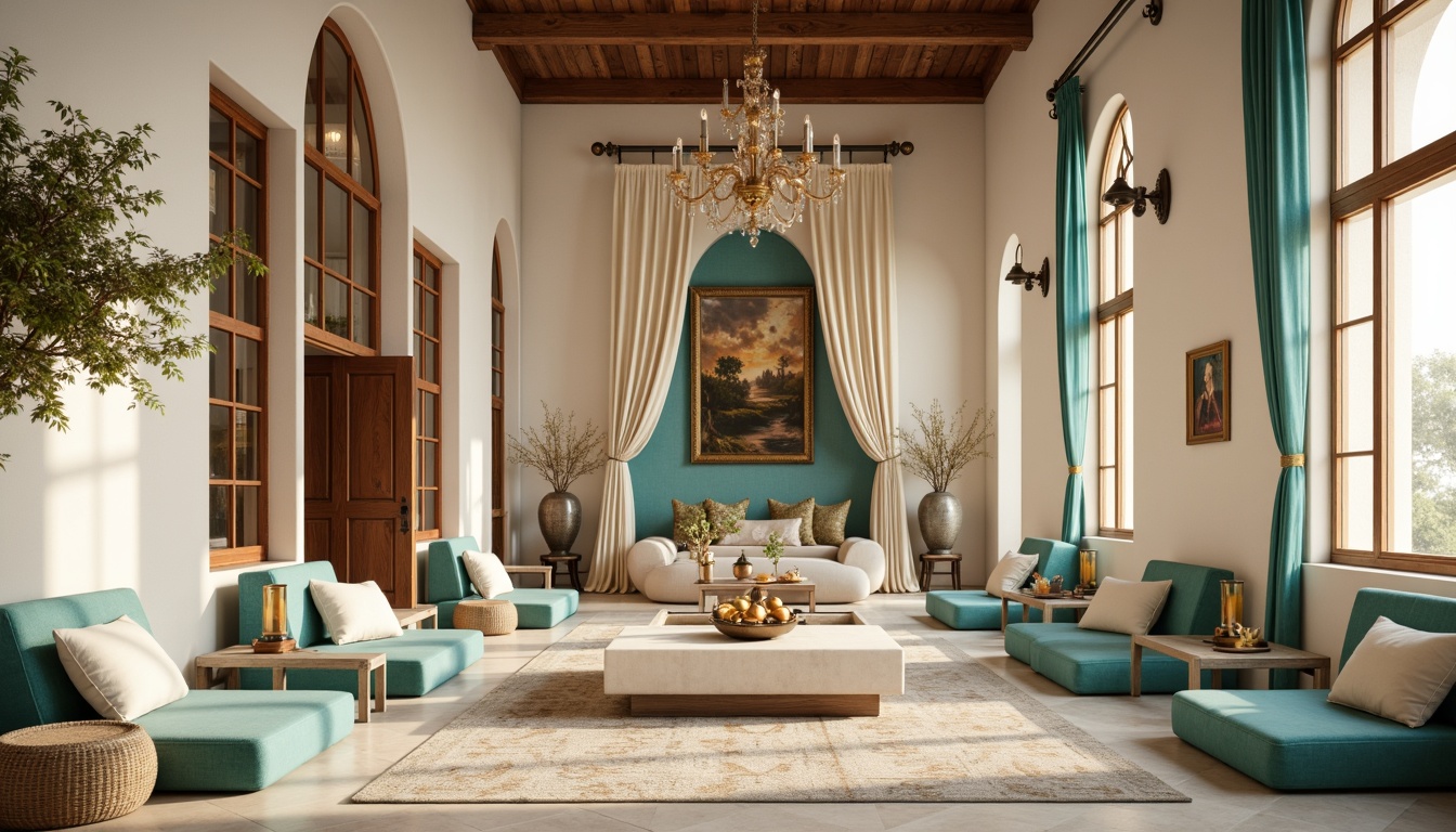 Prompt: Soft creamy whites, warm beige tones, calming turquoise hues, rich walnut wood accents, natural stone textures, ornate metallic fixtures, plush velvet fabrics, subtle Moroccan patterns, warm golden lighting, shallow depth of field, 1/1 composition, realistic reflections, ambient occlusion.