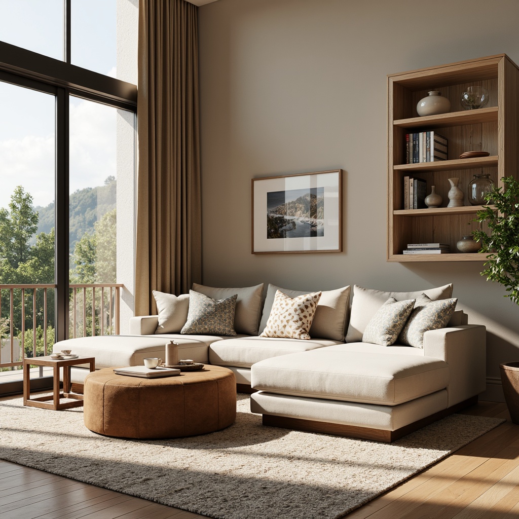 Prompt: Cozy Scandinavian living room, functional ottoman, minimalist coffee table, sleek wooden shelves, plush area rug, natural light pouring in, floor-to-ceiling windows, soft warm lighting, 1/1 composition, shallow depth of field, realistic textures, ambient occlusion, modern sectional sofa, geometric patterned throw pillows, industrial metal side tables, botanical greenery, warm beige walls, light wood accents, Nordic-inspired decor, functional storage units, space-saving designs.