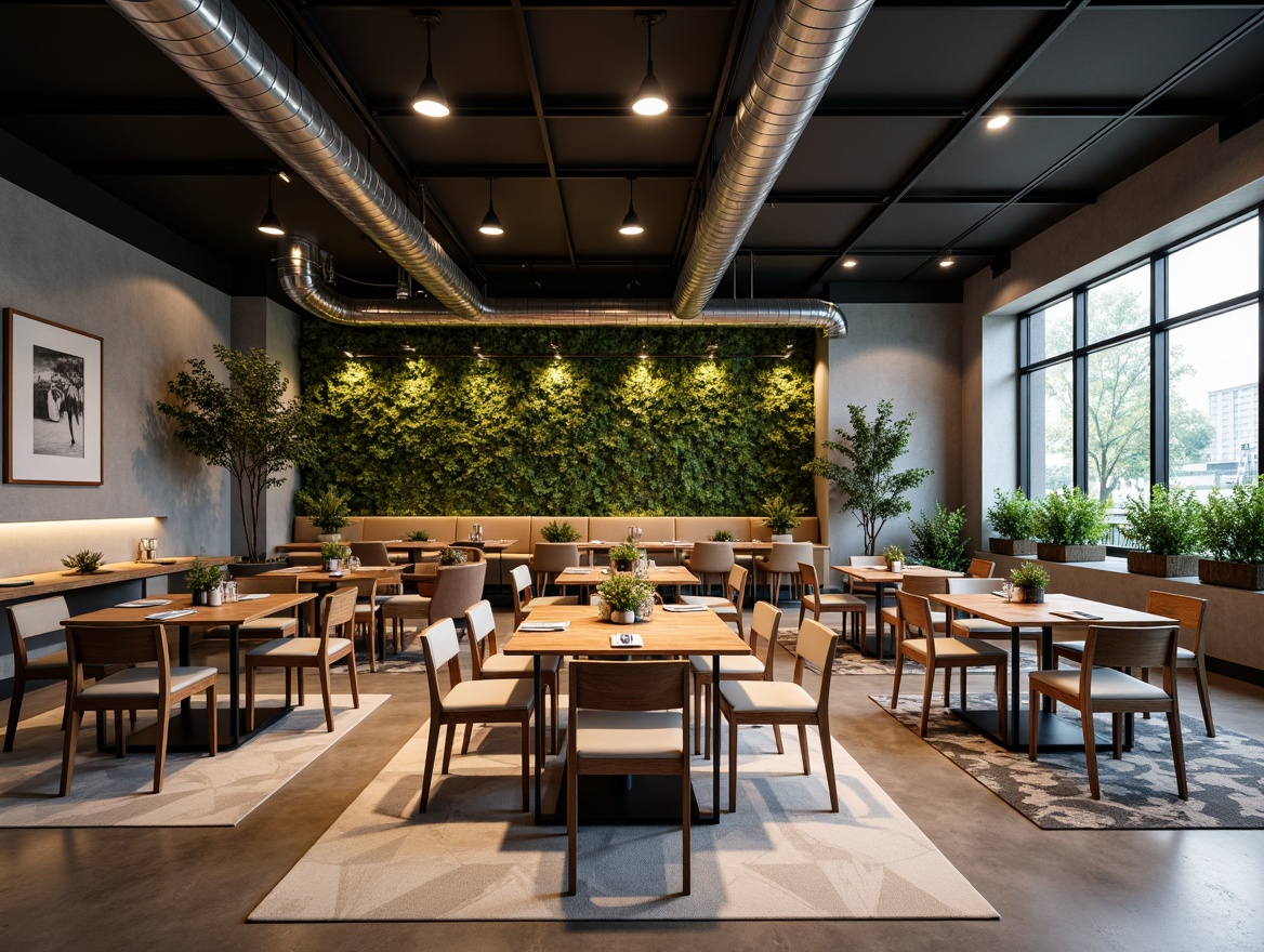 Prompt: Modern restaurant interior, sleek minimalist chairs, reclaimed wood tables, industrial metal beams, exposed ductwork, polished concrete floors, neutral color palette, pendant lighting fixtures, geometric patterned rugs, living green walls, urban loft atmosphere, soft warm ambiance, shallow depth of field, 3/4 composition, realistic textures, ambient occlusion.