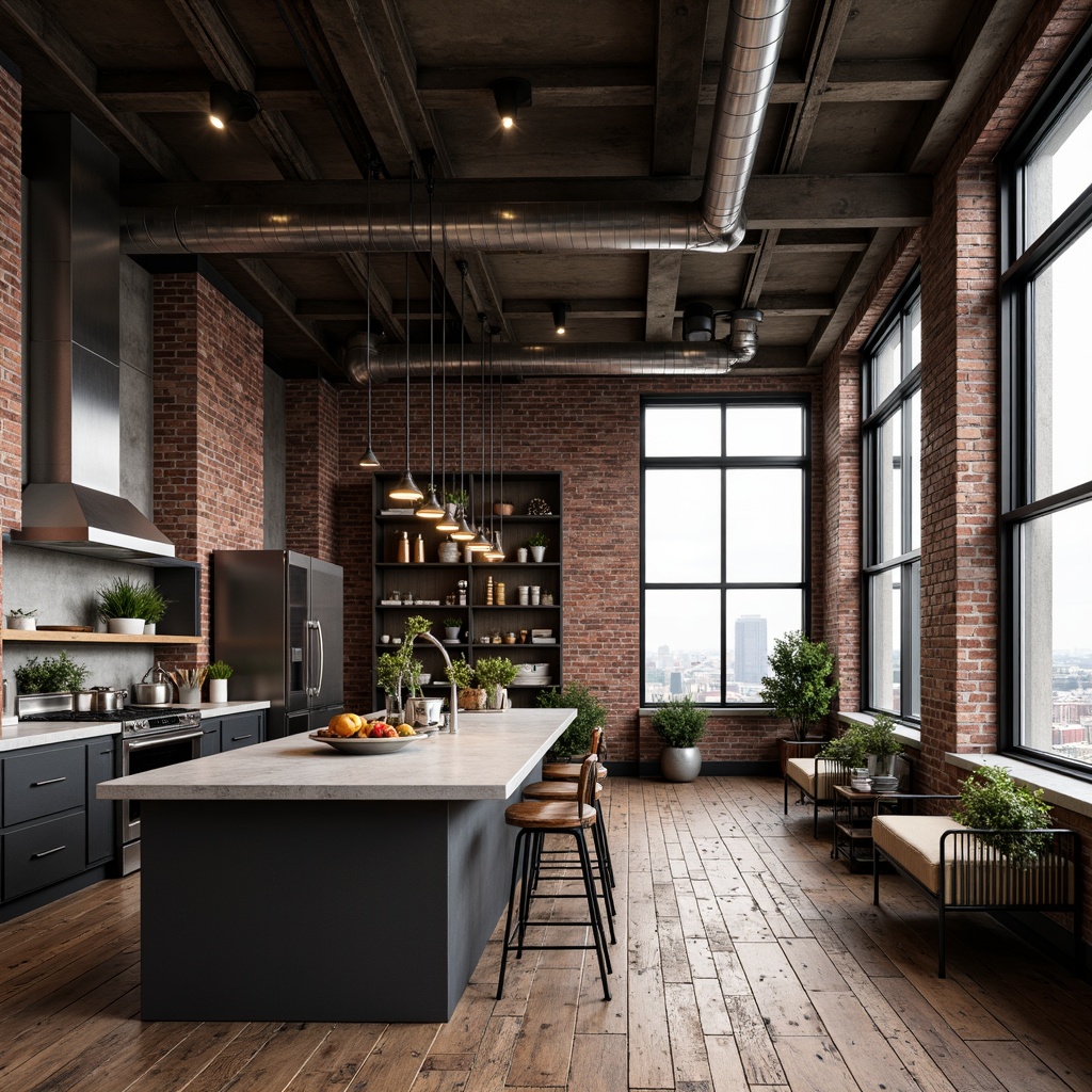 Prompt: Exposed brick walls, distressed wooden floors, metal beams, industrial pipes, urban loft atmosphere, reclaimed wood accents, matte black finishes, functional lighting fixtures, concrete countertops, metallic kitchen appliances, minimalist decor, functional shelving units, industrial-style chairs, exposed ductwork, modern cityscape views, dramatic high ceilings, rustic decorative elements, warm ambient lighting, shallow depth of field, 3/4 composition, realistic textures, ambient occlusion.