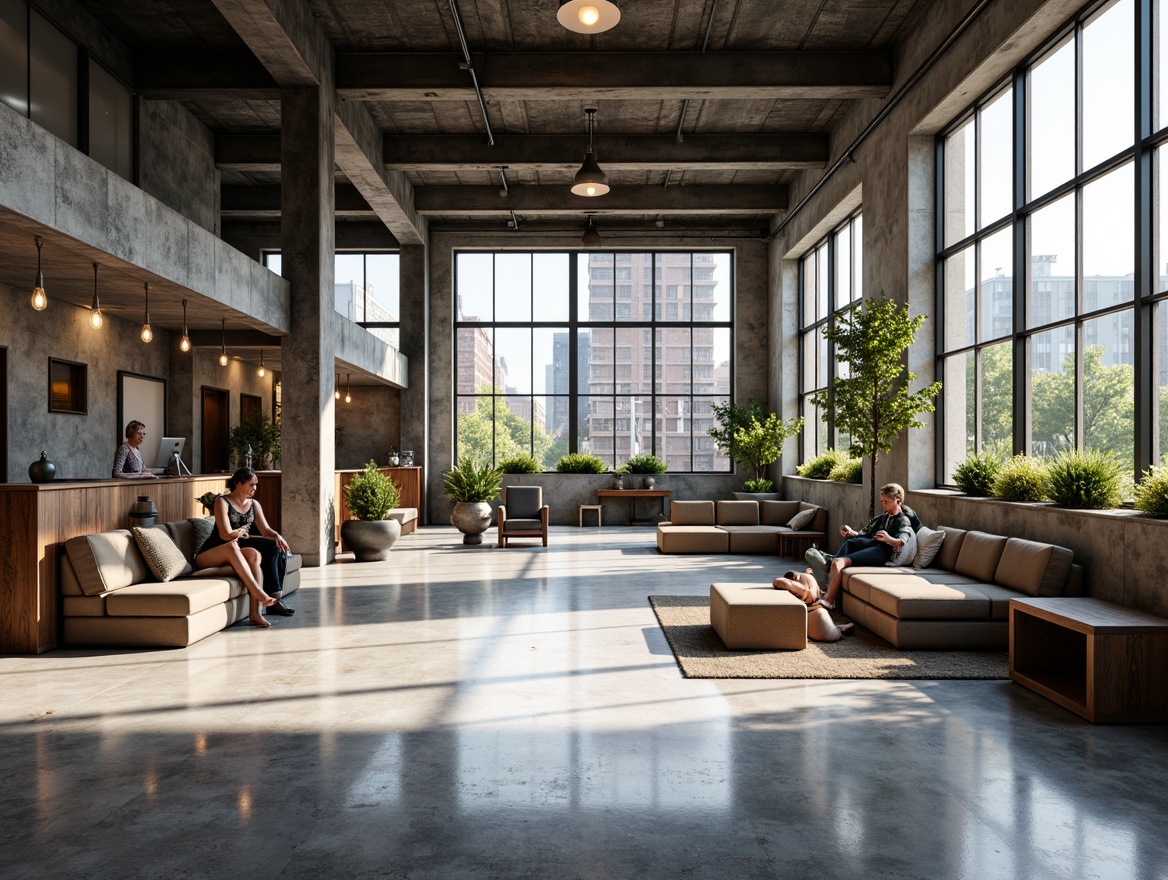 Prompt: Exposed industrial concrete floors, polished to a high gloss, rustic texture, urban loft atmosphere, modern minimalist aesthetic, steel beams, metal columns, reclaimed wood accents, Edison bulb lighting, brutalist architecture, functional simplicity, open-plan layout, collaborative workspaces, sleek lines, monochromatic color scheme, natural light pouring in through large windows, airy feel, 3/4 composition, shallow depth of field, realistic textures.