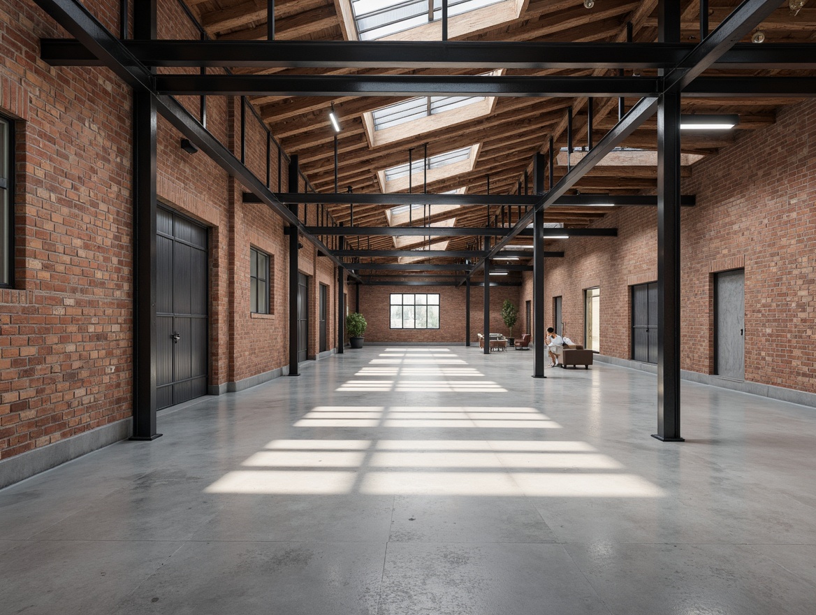 Prompt: Industrial warehouse, exposed brick walls, polished concrete floors, minimal ornamentation, functional simplicity, steel beams, open spaces, natural light, clerestory windows, rustic metal doors, reclaimed wood accents, monochromatic color scheme, neutral tone palette, subtle texture contrasts, soft diffused lighting, low-angle photography, 1/1 composition, realistic material renderings.