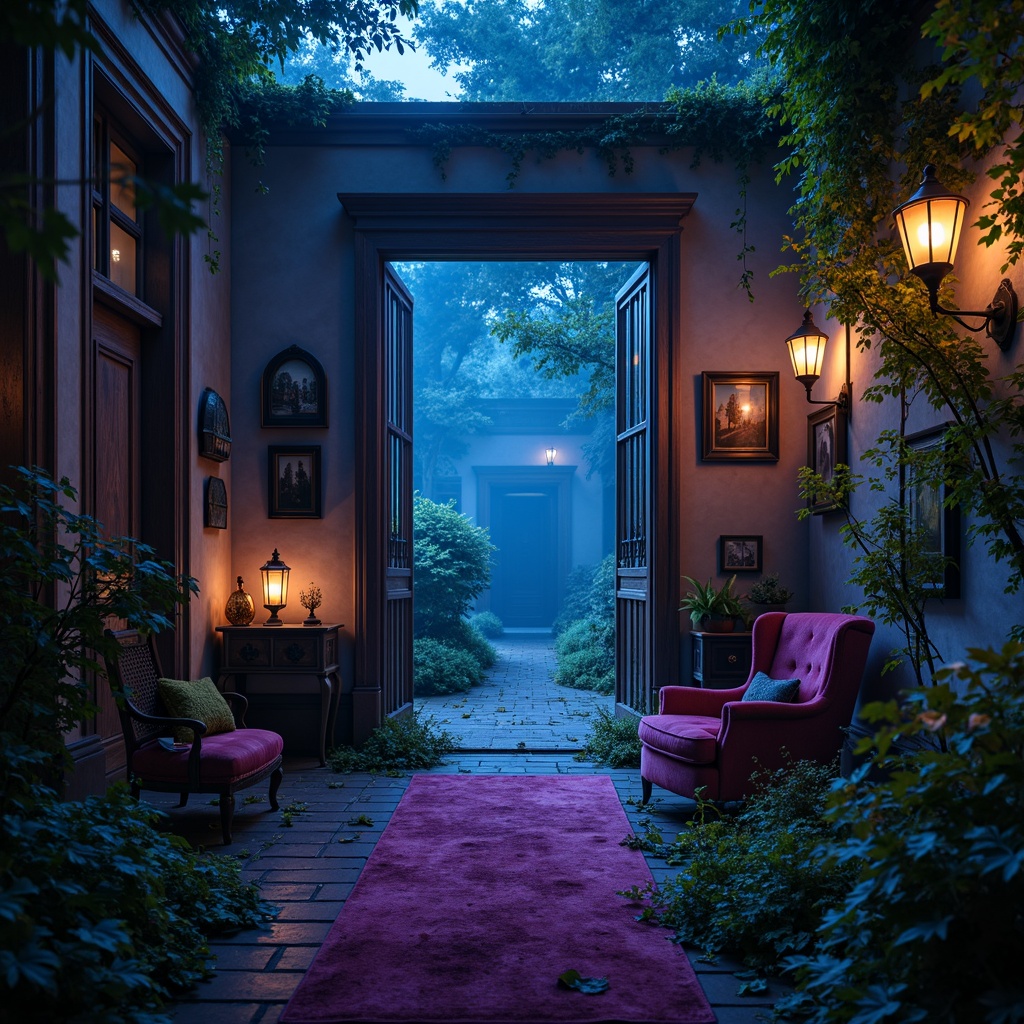 Prompt: Mysterious abandoned mansion, overgrown gardens, whimsical blue violet hues, distressed wooden doors, ornate metal gates, vintage lanterns, misty atmosphere, soft warm lighting, cinematic depth of field, 1/1 composition, intimate close-ups, rich velvet fabrics, antique furniture, mystical artifacts, subtle gradient effects, eerie ambiance.