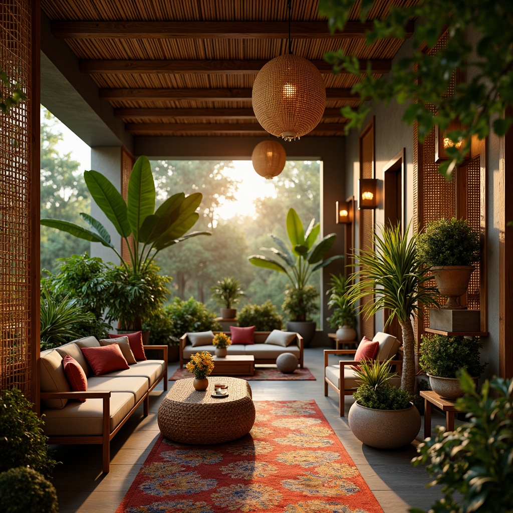 Prompt: Warm tropical ambiance, lush greenery, natural wood accents, rattan furniture, colorful textiles, vibrant flower arrangements, pendant lamps, soft warm lighting, golden hour glow, shallow depth of field, 1/1 composition, cozy intimate spaces, rustic wooden ceilings, woven bamboo walls, earthy tone color palette, exotic plants, elegant chandeliers, ambient occlusion, realistic reflections.