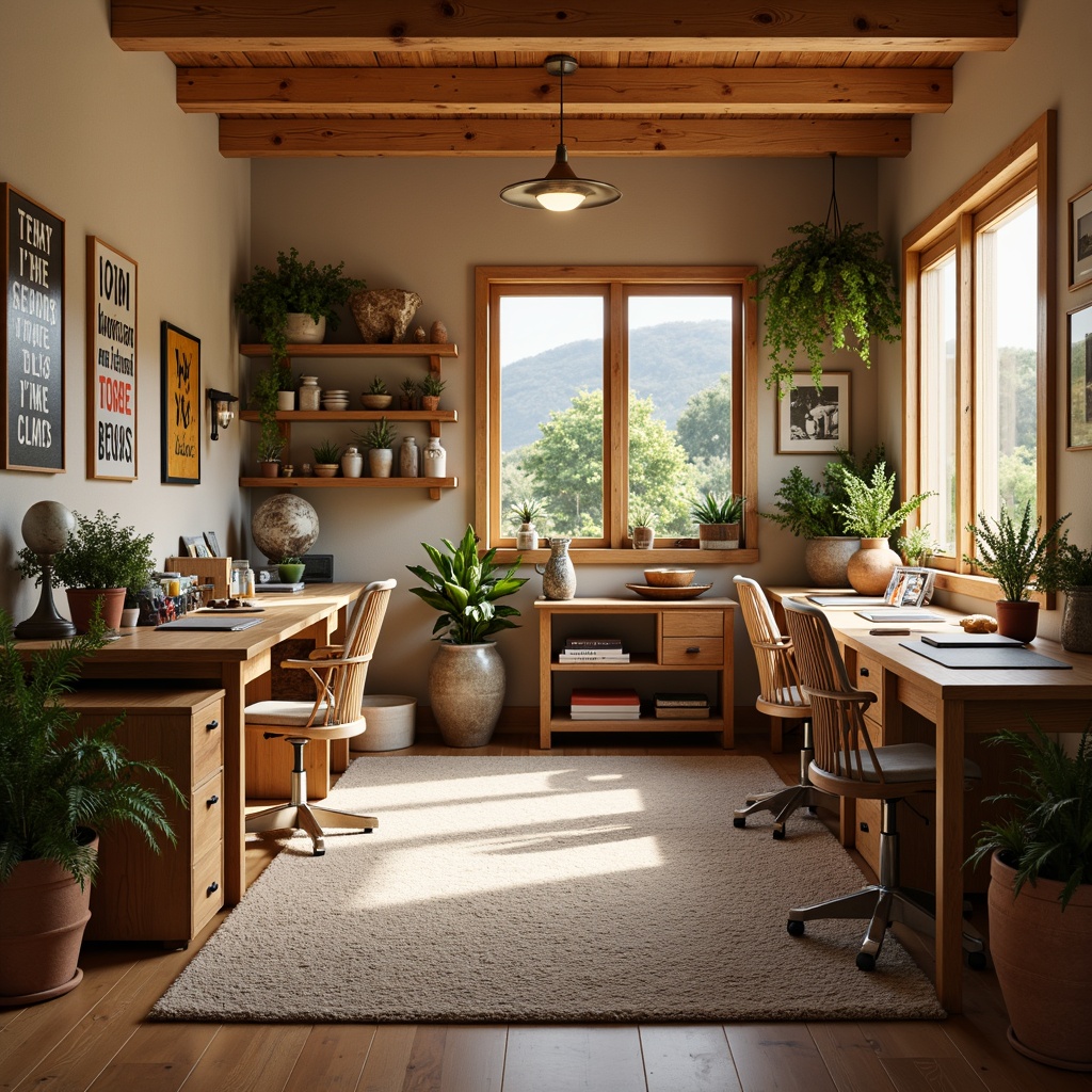 Prompt: Cozy craft room, natural wood tones, warm beige walls, comfortable plush carpeting, wooden worktables, ergonomic chairs, task lighting, inspirational quotes, colorful art supplies, organized storage bins, decorative shelves, rustic metal accents, earthy terracotta pots, lush green plants, soft warm lighting, shallow depth of field, 1/1 composition, realistic textures, ambient occlusion.